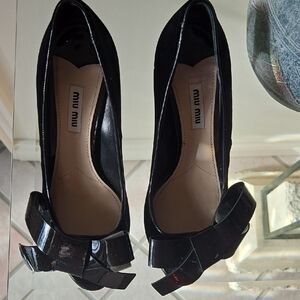 Miu Miu Black Velvet, Patent Bow, Leather Heels